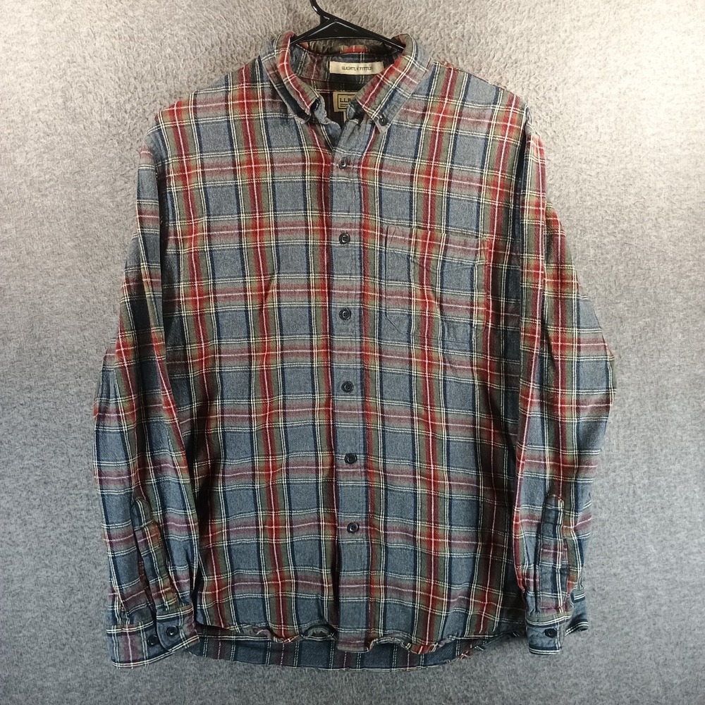 L.L. Bean Scotch Plaid‎ Flannel Shirt Mens Medium Slightly Fitted Gray Red